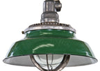 original c. 1930's american vintage industrial green porcelain enameled "explosion proof" electric pendant light fixture with bulb guard