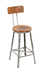 c. 1920's american industrial adjustable height heavy gauge brushed steel factory machinist stool with original seat and backrest