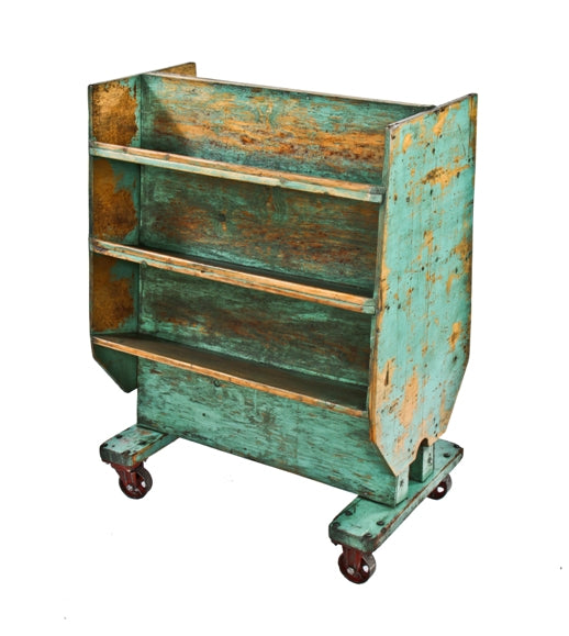unusual c. 1930's american industrial custom-built distressed green enameled mobile wood factory cart with double-sided angled shelves