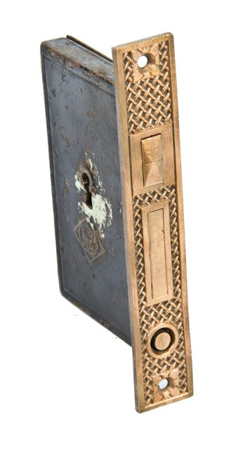 original c. 1880's american antique interior residential pocket door mortise lock with "chain-link" pattern faceplate