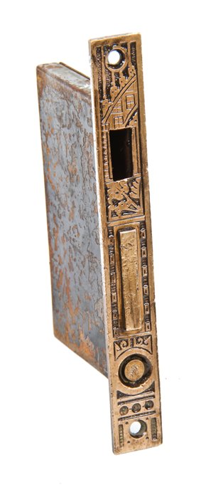 late 19th century antique american eastlake style "ceylon" pattern interior residential pocket door mortise lock with cast brass faceplate