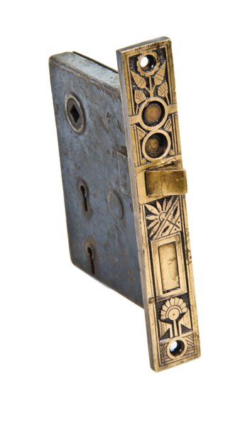 hard to find c. 1880's american aesthetic style exterior residential stop work mortise lock with cast bronze faceplate