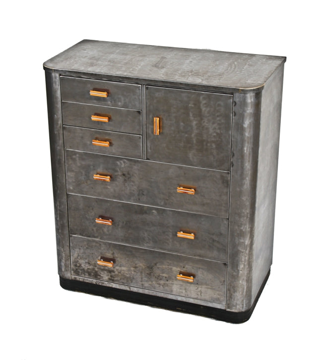 rare late 1920's american streamlined style art deco "simmons" multi-drawer steel medical cabinet with original butterscotch bakelite drawer handles