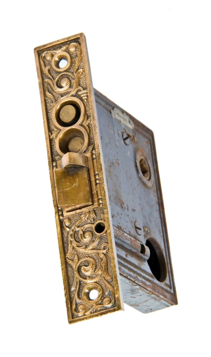 19th century american art nouveau "columbian" pattern stop work vestibule or entrance door mortise lock with cast bronze faceplate