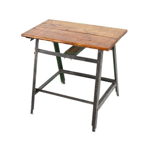 structurally sound c. 1930s american industrial riveted joint angled iron multi-purpose factory workshop table with refinished pine wood top