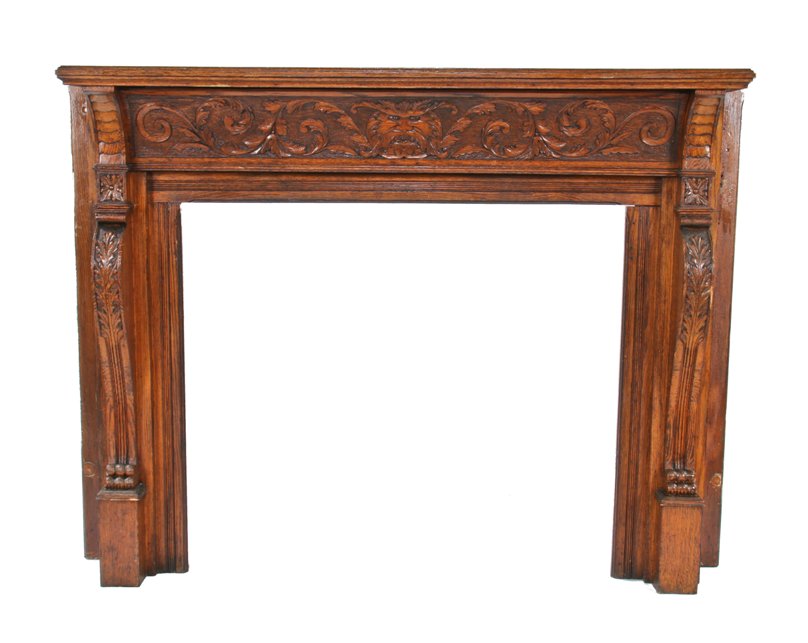 all original 19th century american high victorian era hand carved oak wood residential fireplace mantel featuring intricate foliated scrollwork