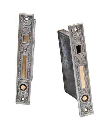matching set of hard to find 19th century american victorian era whipple residential pocket door mortise locks with ornamental face plates