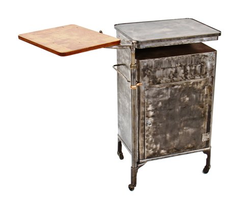 functional late 1930's vintage american medical mobile brushed steel supply cabinet or cart with swing-out telescoping wood instrument tray