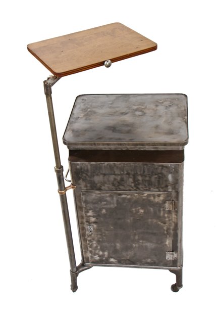 functional late 1930's vintage american medical mobile brushed steel supply cabinet or cart with swing-out telescoping wood instrument tray
