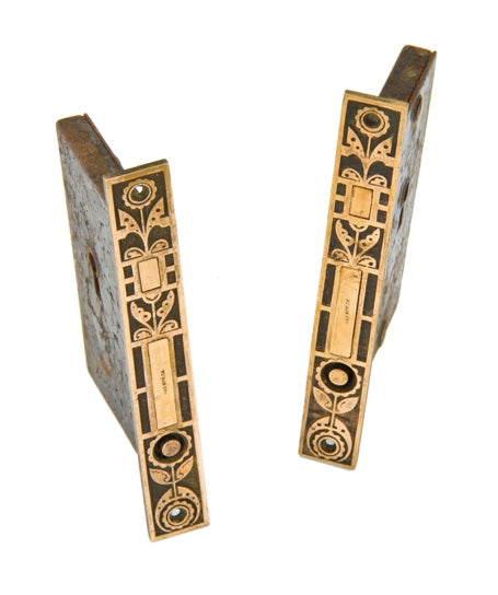 two exceptionally well-designed american aesthetic movement interior residential fully functional pocket door mortise locks with original black enameled inlay