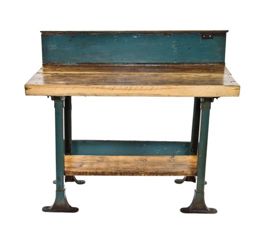 robust c. 1930's vintage american industrial rock hard maple wood top four-legged factory workbench with flared feet