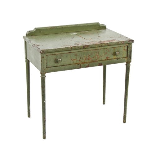 all original c. 1930's american industrial "simmons" furniture sheet steel four-legged stationary desk with old green paint finish
