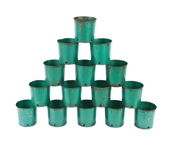 lot of matching vintage american industrial cold-rolled sheet steel planting pot liners with rolled rim and drainage holes