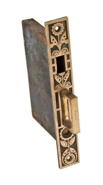 single early 1880's patented antique american aesthetic movement interior residential pocket door mortise lock with bronze face plate