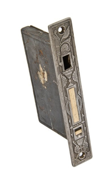 c. 1880's original american ornamental interior residential single pocket door mortise lock with black enameled iron lock box
