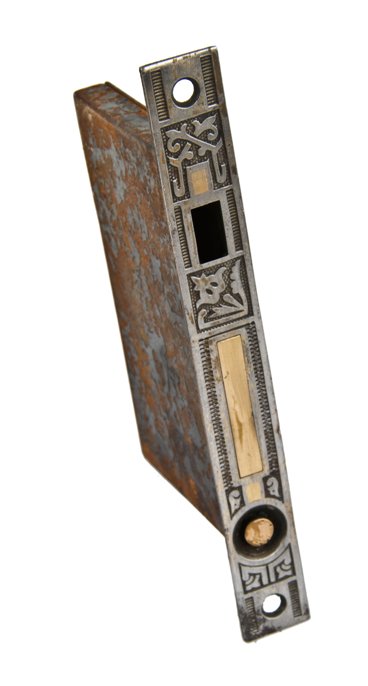 late 19th century original american antique "ceylon" pattern interior residential pocket door lock with functional sliding handle or pull