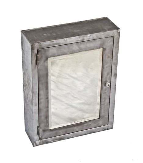 c. 1920's american medical examination room wall-mount brushed steel medicine cabinet with intact beveled edge cabinet door mirror