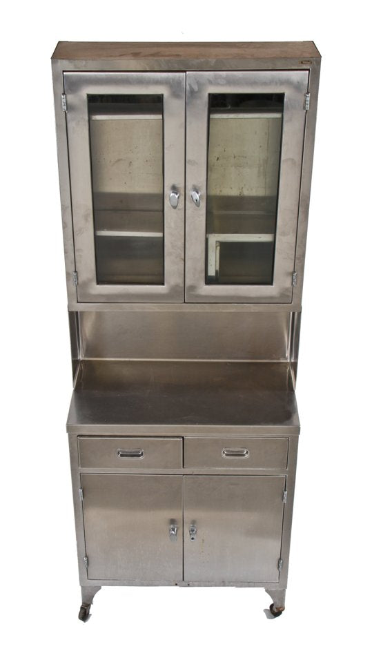 c. 1960's american vintage medical oversized stepback stainless steel psychiatric ward supply cabinet with medicine lock box