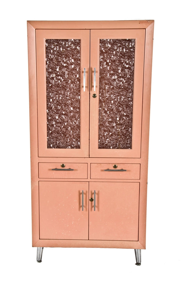 c. 1950's mid-century modern american medical supply storage cabinet with original salmon powder coat enameled finish