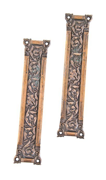 matching set of unusually small american art nouveau style ornamental cast bronze "columbian" pattern push plates with nicely aged patina