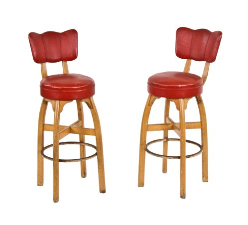 pair of original late 1940's american blonde wood thonet four-legged stationary bar stools with red upholstered seats and backrests