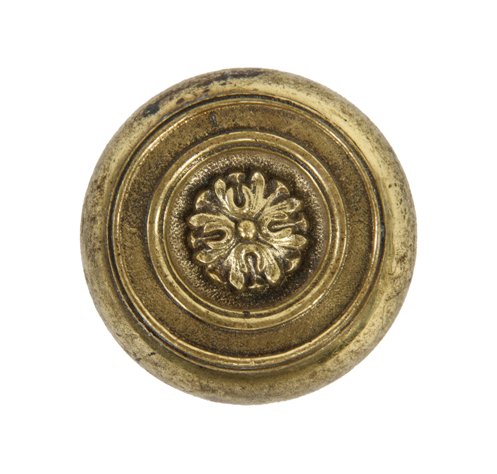 single c. 1920 antique american cast brass interior residential passage size "roland" pattern doorknob with centrally located floral rosette