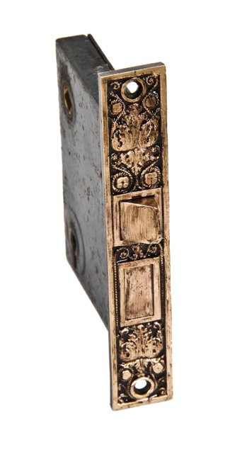 hard to find 19th century antique american residential "rope" pattern residential mortise lock with impressive bronze metal face plate