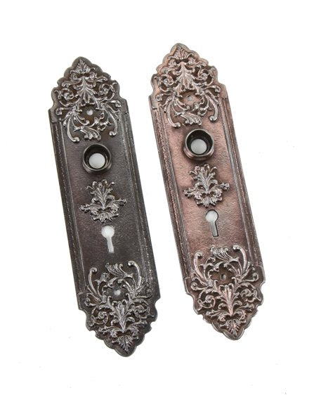 pair of highly ornate early 20th century american interior residential cast iron doorknob backplates embellished with intricate leafage