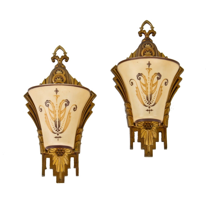 visually striking american depression era art deco style polychrome single light beardslee wall sconces with uniquely designed bisque glass slip shades
