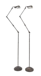 matching pair of all original c. 1940's vintage american industrial articulating arm floor lamps with "stepped" weighted metal bases