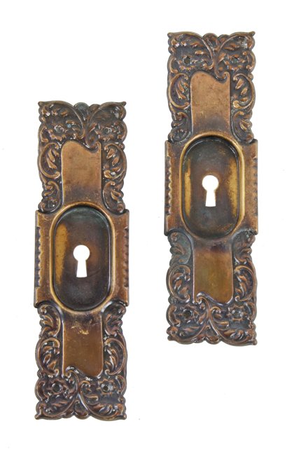 pair of c. 1900's american antique art nouveau "eulalia" pattern wrought ornamental brass pocket door backplates