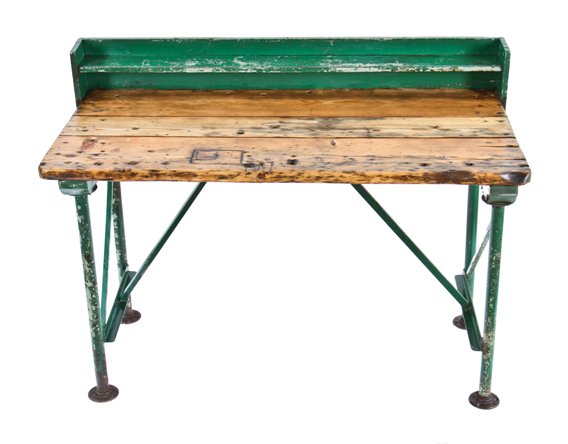 refinished c. 1930's american industrial four-legged welded joint stationary factory workbench with old green paint finish left intact