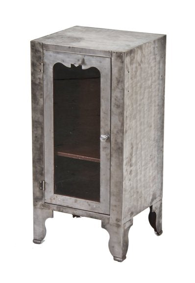 late 1930's vintage american industrial diminutive freestanding cold-rolled steel medical supply cabinet with ogee feet