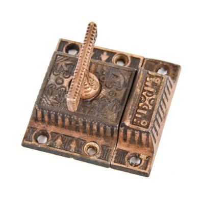 19th century american eastlake style ornamental copper-plated cast iron "windsor" pattern pantry cupboard latch with original keeper