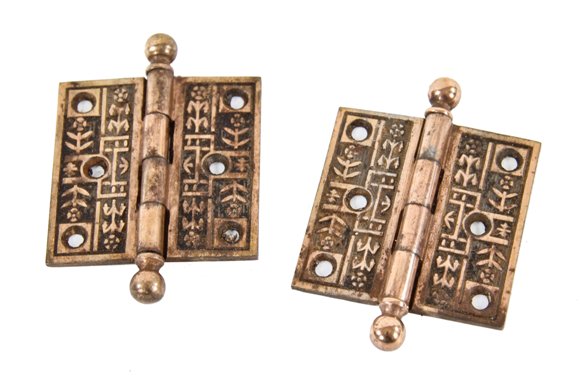 matching set of original 19th century antique american copper-plated ornamental cast iron ball finial cabinet door hinges