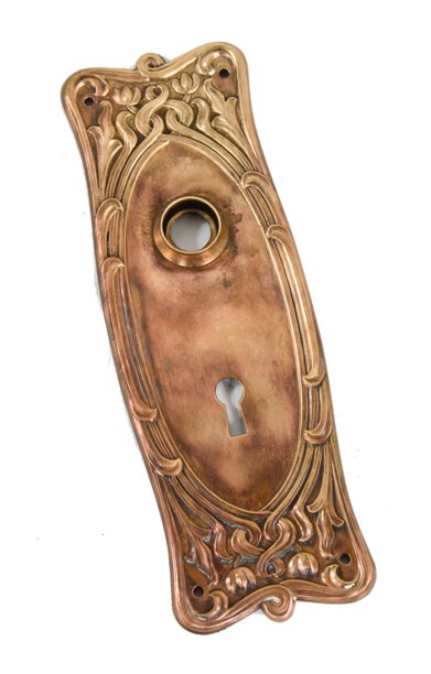 stylish early 1900's antique american art nouveau style cast bronze interior residential doorknob backplate with single keyhole