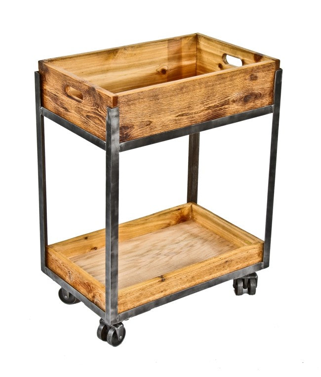 repurposed american industrial welded joint angled iron and cedar wood two-tier mobile factory cart with original "roll-ezy chief" double wheel trucks