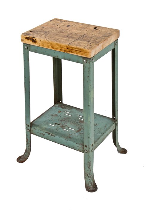 late 1940's american industrial pressed and formed heavy gauge steel work stand with solid maple wood tabletop and flared legs