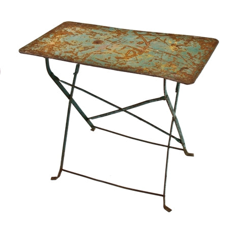 unusual c. 1930's american industrial riveted joint heavy gauge steel folding table with a nicely weathered green paint finish