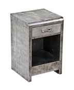 diminutive depression era american made streamlined style "simmons" brushed steel nightstand or side table with pull-out drawer