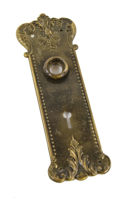early 20th century american antique wrought yellow brass "clinton" pattern interior residential passage door backplate