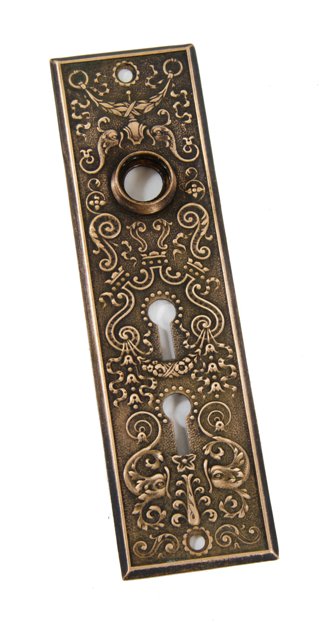 fanciful early 20th century american embossed wrought brass metal residential entrance door backplate adorned with aquatic creatures