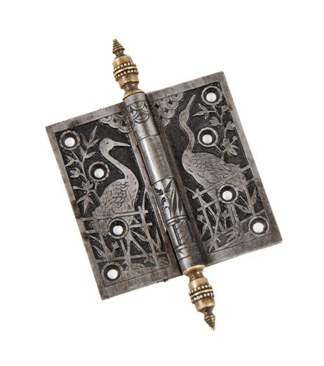 original 19th century american anglo-japanese style ornamental cast iron residential "stork" door hinge with cast brass finials