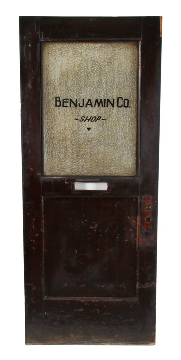 largely intact late 19th century mahogany wood interior reliance building "benjamin co." office door with textured glass inset