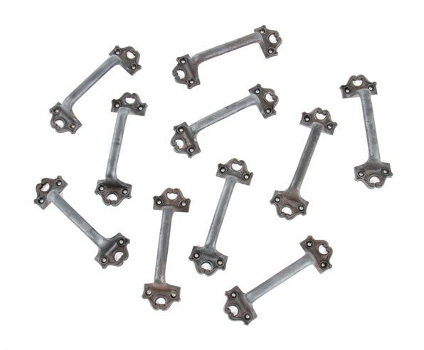 large lot of original c. 1895 interior ornamental cast iron reliance building wood window sash lifts with largely intact bower-barff finish