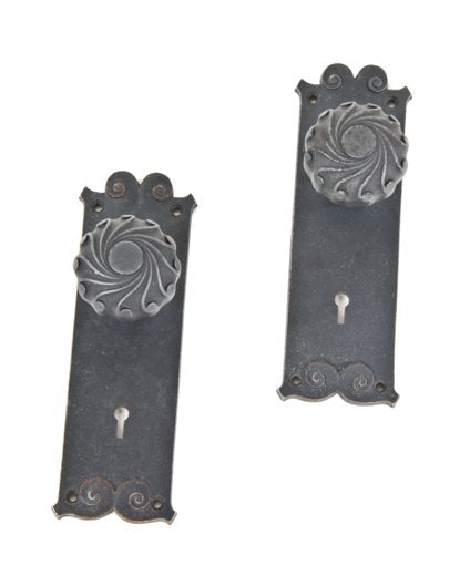 matching lot of original c. 1895 interior reliance building office door cast iron escutcheons and doorknobs with bower-barff finish