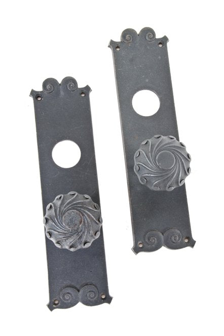 matching set of original late 19th century interior reliance building ornamental cast iron doorknobs and escutcheons