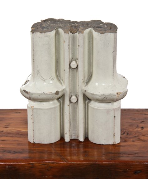 original c. 1895 gothic style white glazed terra cotta exterior reliance building architrave fragment with allover crazed surface