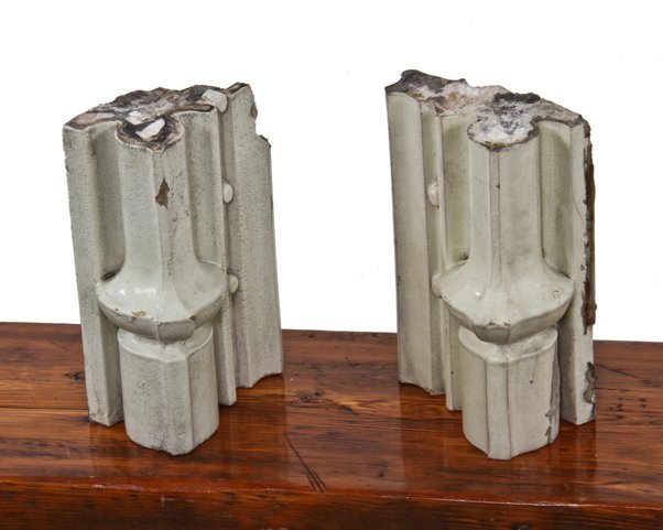 two late 19th century original white glazed terra cotta reliance building facade architrave fragments with corner bead profile