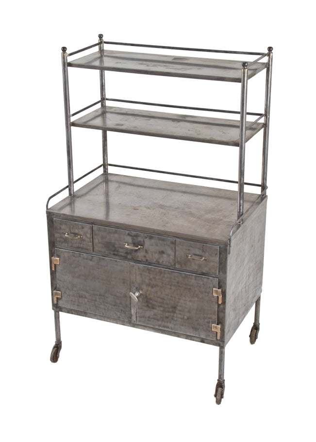 exceptional c. 1930's refinished american vintage medical rolling hospital step back steel cabinet with original double-over shelves